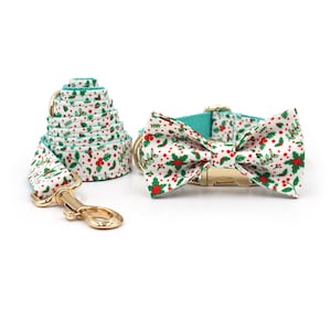 May include: A white and teal dog collar and leash set with a red and green holly pattern. The collar has a matching bow tie.