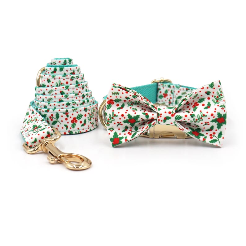 May include: A white and teal dog collar and leash set with a red and green holly pattern. The collar has a matching bow tie.