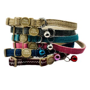 Personalized Linen Cat Collar with Name and Phone Number, Safety Buckle, Removable Bell