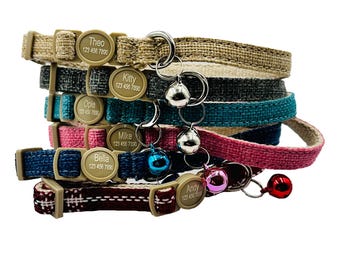 Personalized Linen Cat Collar with Name and Phone Number, Safety Buckle, Removable Bell