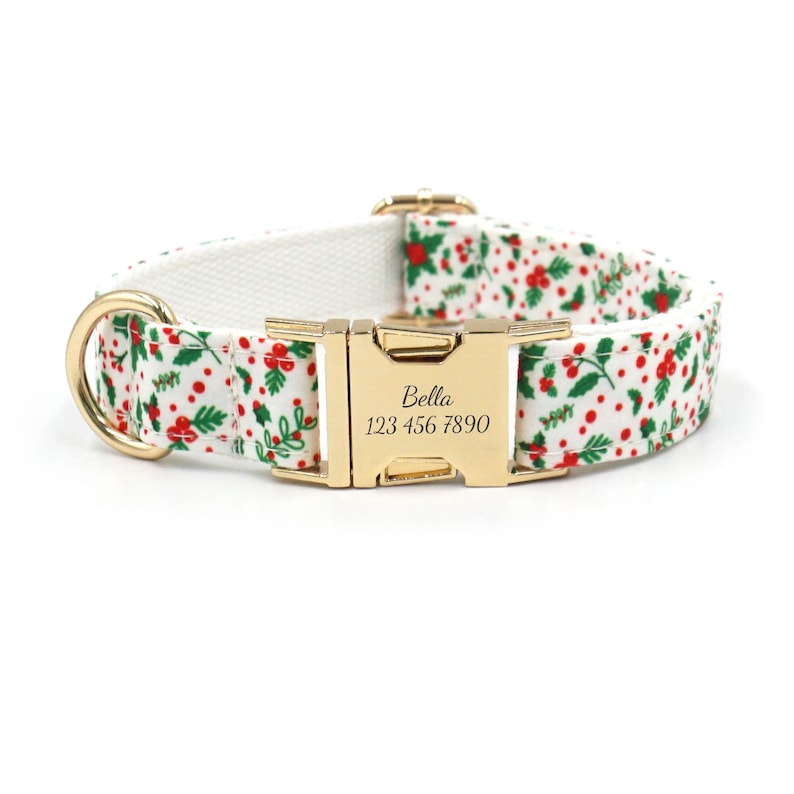 May include: White dog collar with a red and green holly pattern and gold hardware. The collar is personalized with the name "Bella" and the phone number "123 456 7890".
