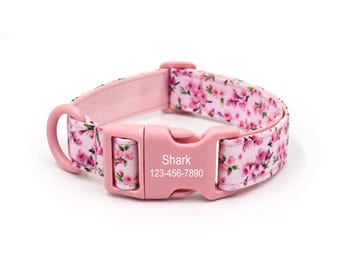 Floral Personalized Dog Collar, Custom Nylon Puppy ID Collar with Color Plastic Buckle