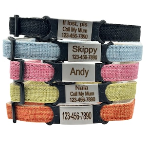 Personalized Linen Cat Collar with ID Tag and Bell