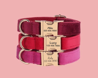 Velvet Personalized Dog Collar Leash Set, Red+Pink+Dark Red, Engraved Pet Name Metal Buckle, Wedding Dog Gift, Custom Puppy Collar