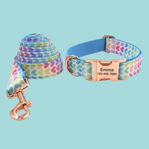 Stripe Hearts Print Personalized Dog Collars, Adjustable Floral Custom Puppy ID Collar, Engraved Buckle Pet Collar, Dog Gift