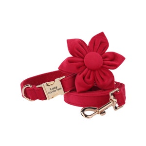 Red Velvet Dog Collar Leash Set With Flower, Cute Personalized Puppy Collars, Engraved Dog Name Metal Buckle, Wedding Dog Gift