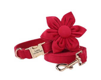 Red Velvet Dog Collar Leash Set: Personalized Engraved Buckle & Flower