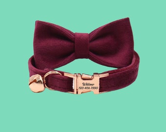 Dark Red Personalized Cat Collar With Free Bell, Custom Cat Collars with Bow tie, Adjustable Kitten Collar, Cat Gift