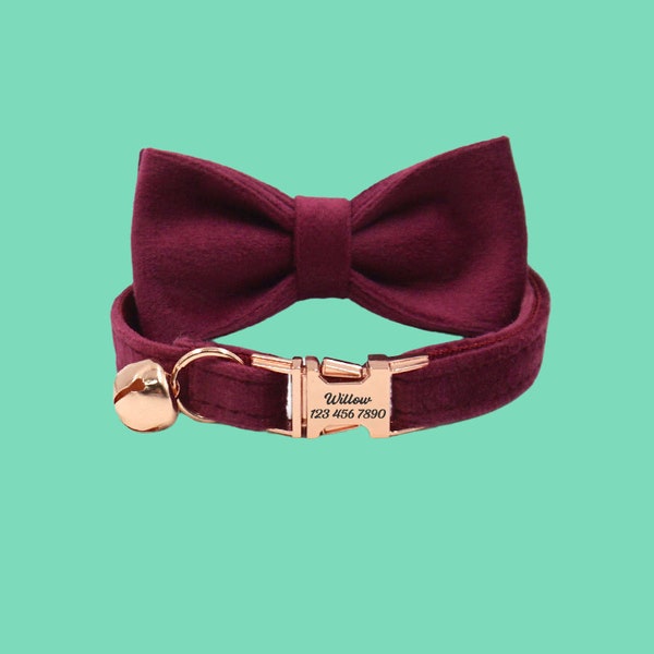 Dark Red Personalized Cat Collar With Free Bell, Custom Cat Collars with Bow tie, Adjustable Kitten Collar, Cat Gift