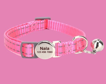 Reflective Personalized Cat Collar with Bell, Engraved Nylon Pink Cat Collars with Custom Name, Cat Gift, Kitten ID Collar, Quick Release