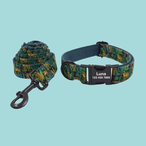 Green Print Personalized Dog Collars, Adjustable Floral Custom Puppy ID Collar, Engraved Buckle Pet Collar, Dog Gift