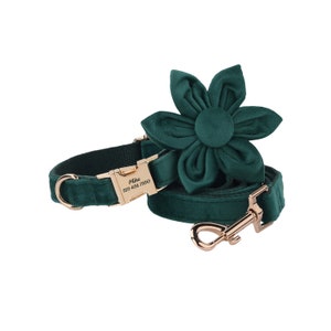 Dark Green Velvet Dog Collar Leash Set With Flower, Cute Personalized Dog Collars, Engraved Dog Name Metal Buckle, Wedding Dog Gift