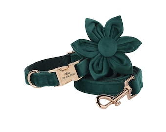 Dark Green Velvet Dog Collar Leash Set: Personalized Engraved Buckle & Flower