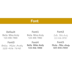 May include: A graphic showing five different font styles for the text "Bella Mike Andy 123 456 7890". The fonts are labeled "Default", "Font1", "Font2", "Font3", and "Font5".