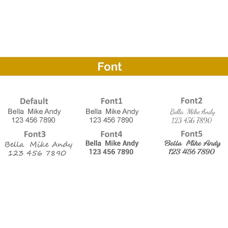 May include: A graphic showing five different font styles for the text "Bella Mike Andy 123 456 7890". The fonts are labeled "Default", "Font1", "Font2", "Font3", and "Font5".
