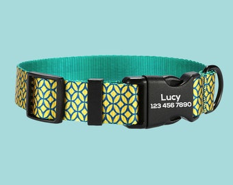 Personalized Dog Collar, Green Flower Custom Dog Collar with Leash and Bow tie, Adjustable  Personalized Puppy Collar with Name, Dog Gift