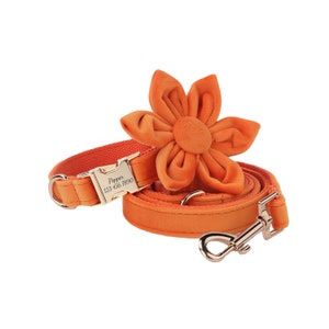 Orange Velvet Dog Collar Leash Set With Flower, Cute Personalized Puppy Collars, Engraved Dog Name Metal Buckle, Wedding Dog Gift