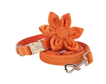 Orange Velvet Dog Collar Leash Set With Flower, Cute Personalized Puppy Collars, Engraved Dog Name Metal Buckle, Wedding Dog Gift