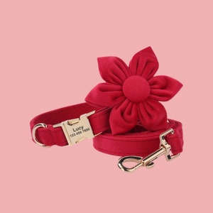 a red dog leash with a flower on it