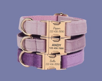 Velvet Personalized Dog Collar Leash Set, Purple + Pink Engraved Pet Name Metal Buckle, Wedding Dog Gift, Custom Puppy Collar