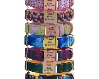 Purple Floral Dog Collar, Engraved Metal Buckle, Custom ID