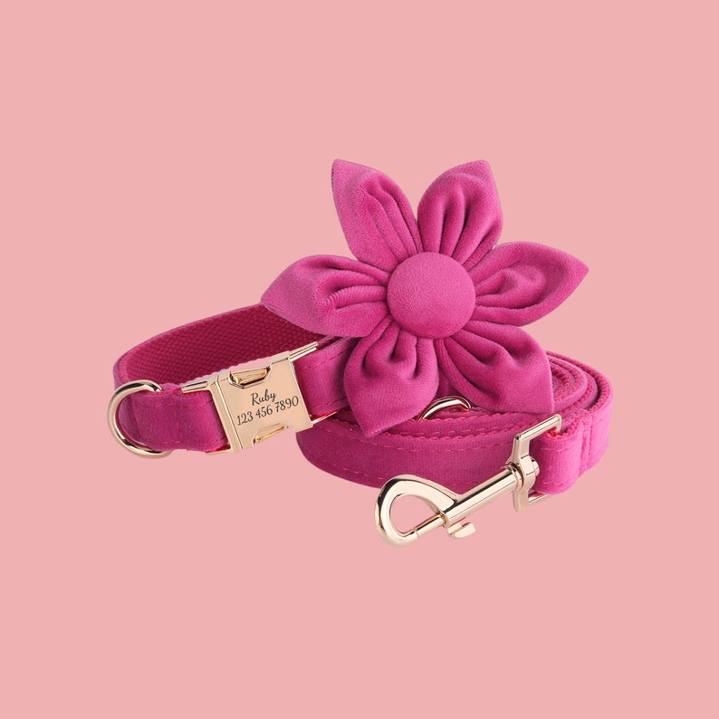 a pink dog leash with a flower on it