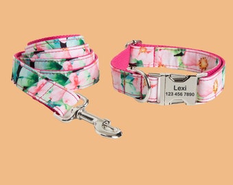 Flower Print Personalized Dog Collars, Adjustable Floral Custom Puppy ID Collar, Engraved Buckle Pet Collar, Dog Gift