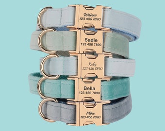 Velvet Personalized Dog Collar Leash Set, Blue+Grey+Teal, Engraved Pet Name Metal Buckle, Wedding Dog Gift, Custom Puppy Collar
