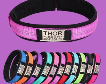 Coleira de nylon refletiva para cães: etiqueta de identificação personalizada e gravada