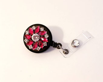 Red Rhinestones and Diamond Badge Reel, ID Holder, Retractable Badge Reel, Work ID holder, Gift for her, Valentines day
