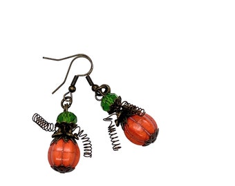 Cute little fall pumpkin dangle earrings, handmade. Halloween jewelry, fall earrings, party jewelry, Gift for Her or them
