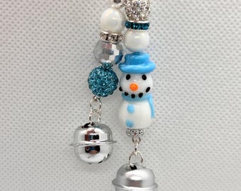 Blue Snowman Badge Charm: Rhinestone Beaded Work Jewelry