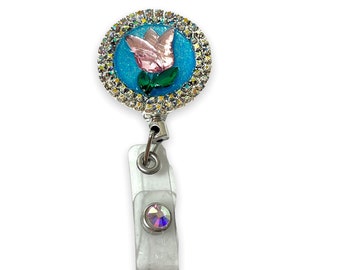 Pink and blue Spring Flower Rhinestone retractable badge reel, ID work holder, gift for her, Birthday Gift. gift for mom, spring badge reel.