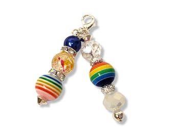 Rainbow Beaded Badge Reel Charm, Colorful ID Holder, Zipper Pull