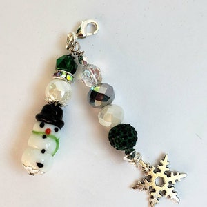 Winter Snowman with dangling snowflake charm for Badge holder, ID holder, badge reel charm, bling for badge reel, Clip on charm, zipper pull