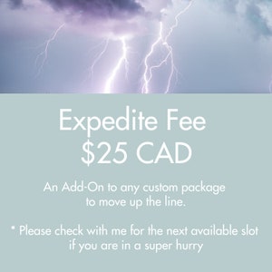 May include: A graphic with a stormy sky background and text that reads "Expedite Fee $25 CAD". The text below explains that this is an add-on to any custom package to move up the line. The text also states to check with the seller for the next available slot if you are in a super hurry.