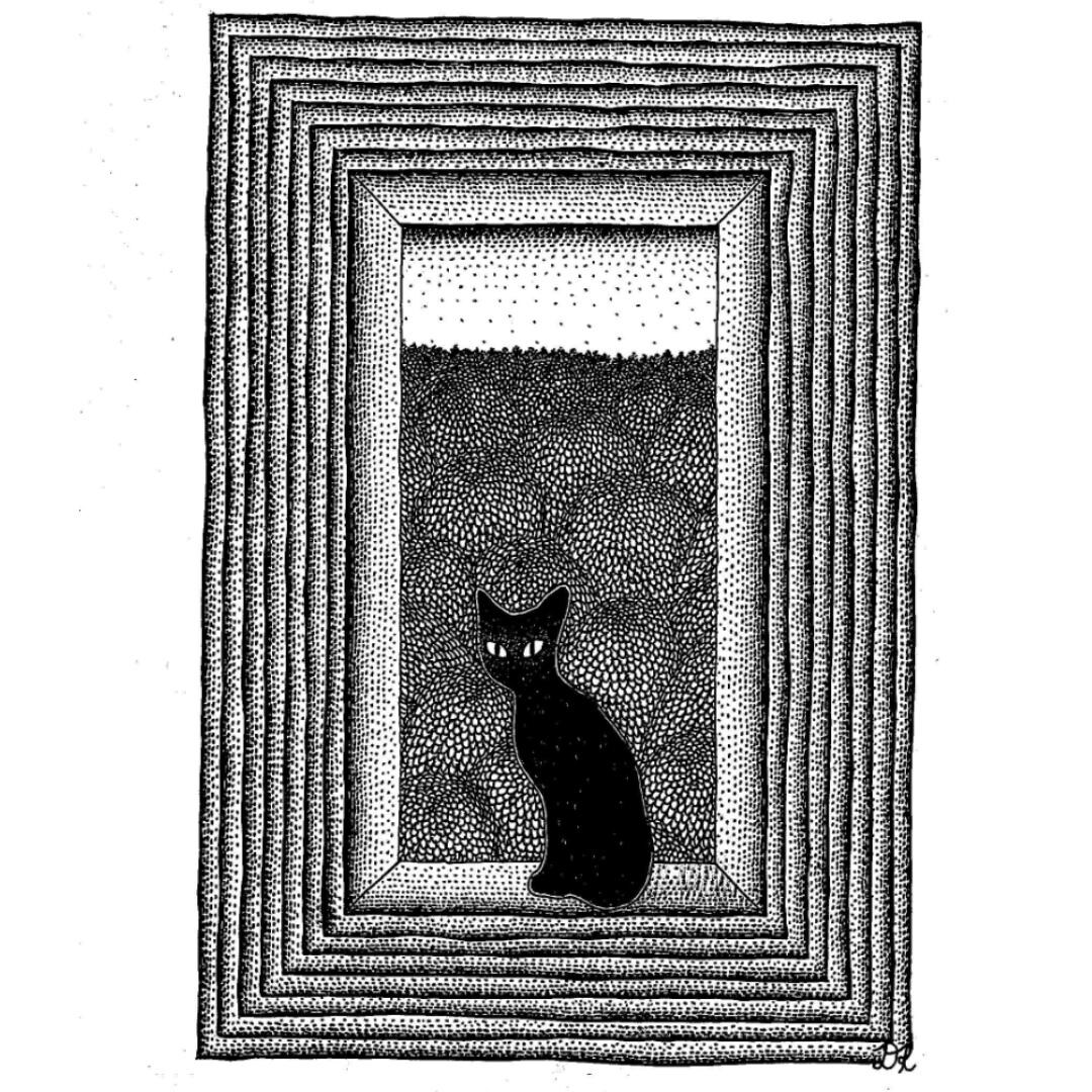 Stipple Window Cat in Window Stipple Art, Abstract Surreal Landscape, Original Ink ...
