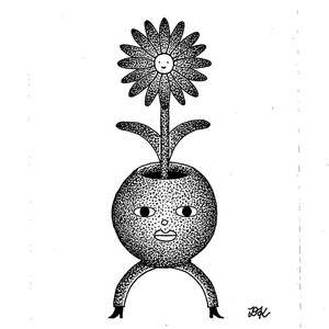 May include: Black and white illustration of a whimsical anthropomorphic flower pot with a smiling daisy flower. The pot has a face and legs, giving it a playful, cartoonish appearance. The artwork is detailed with stippling.
