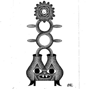 May include: Black and white illustration of a stylized plant with a flower on top and two vases at the bottom. The flower has a smiling face. The vases have eyes and a mouth.