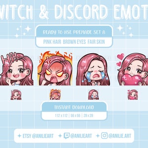 Pink Hair Brown Eyes Fair Skin Cute Chibi Girl Premade Twitch & Discord Emote Set (4pc)