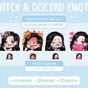 Black Hair Brown Eyes Fair Skin Cute Chibi Girl Premade Twitch & Discord Emote Set (4pc)