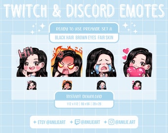 Pelo negro ojos marrones piel clara linda chibi chica prefabricada twitch & discord emote set (4pc)