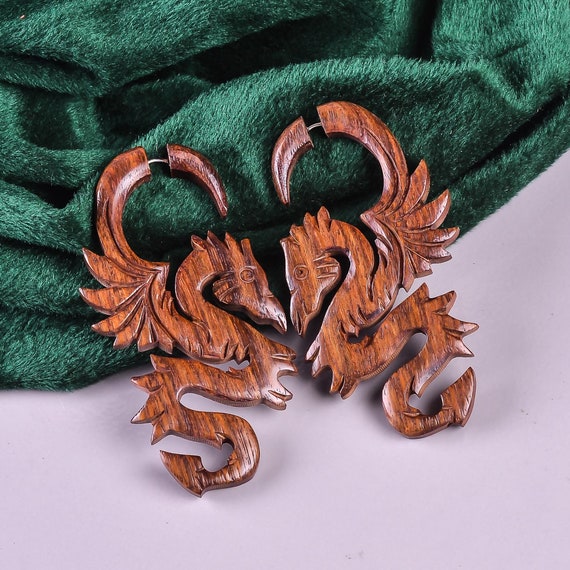 Serpent Dragon Carved Fake Gauge Wooden Earrings Unisex for Men 