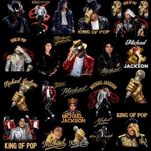 May include: A collage of images featuring Michael Jackson in various poses. The images include portraits and full-body shots, with text overlays such as "King of Pop" and "Michael Jackson". The color palette is dominated by black, gold, and red.