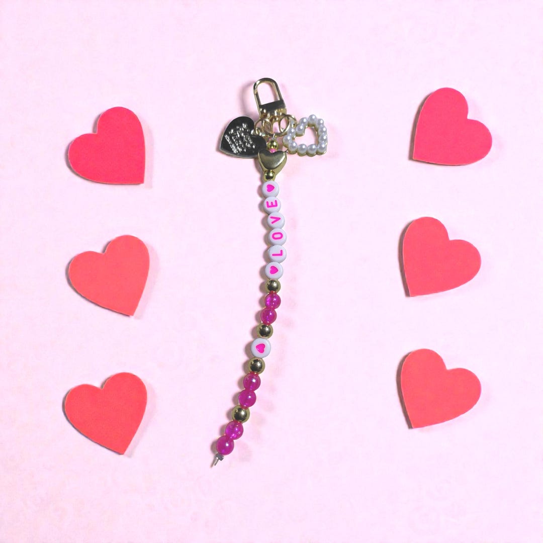 Personalized Heart Keychain With Pink and Gold Accents, Pearl Letter ...