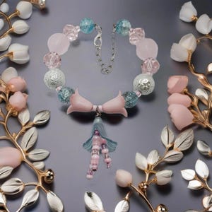 Whimsical Pink Blossom Crystal Bracelet, Tulip Bangle, Beaded Jewelry, Light Blue and Silver Accents