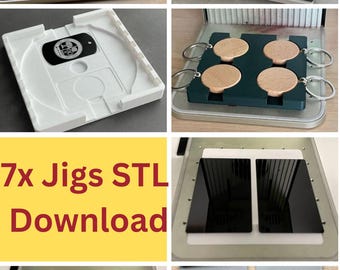 May include: A set of 7 different 3D printed jigs for making custom keychains. The jigs are made of white plastic and are designed to hold different shapes and sizes of keychains. The image also shows examples of finished keychains, including a round wooden keychain, a rectangular metal keychain, and a square keychain with a black and white image. The text "7x Jigs STL Download" is displayed on a yellow background.