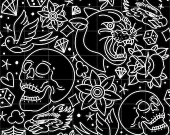 Tattoo Seamless Goth Pattern Design Fabric Sublimation Digital Clip Art B&W PNG Transparent files included