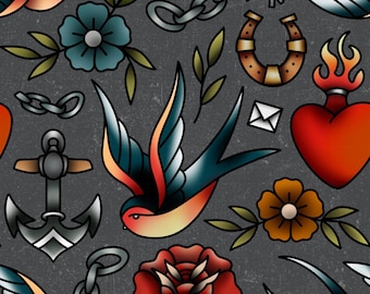 Neo Traditional Tattoo Swallow Seamless Goth Pattern – Digital Clip Art with PNG & JPG Files for Fabric Sublimation
