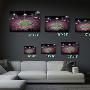 a living room with a couch and a wall mounted picture of a football field